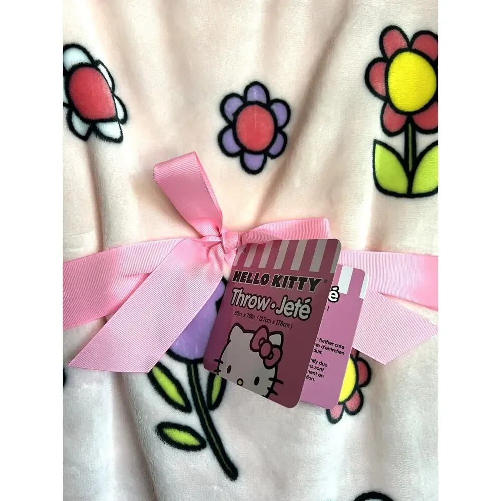 Hello Kitty Throw Blanket Spring Easter Flowers Pink Plush Fleece 50” X 70” PINK